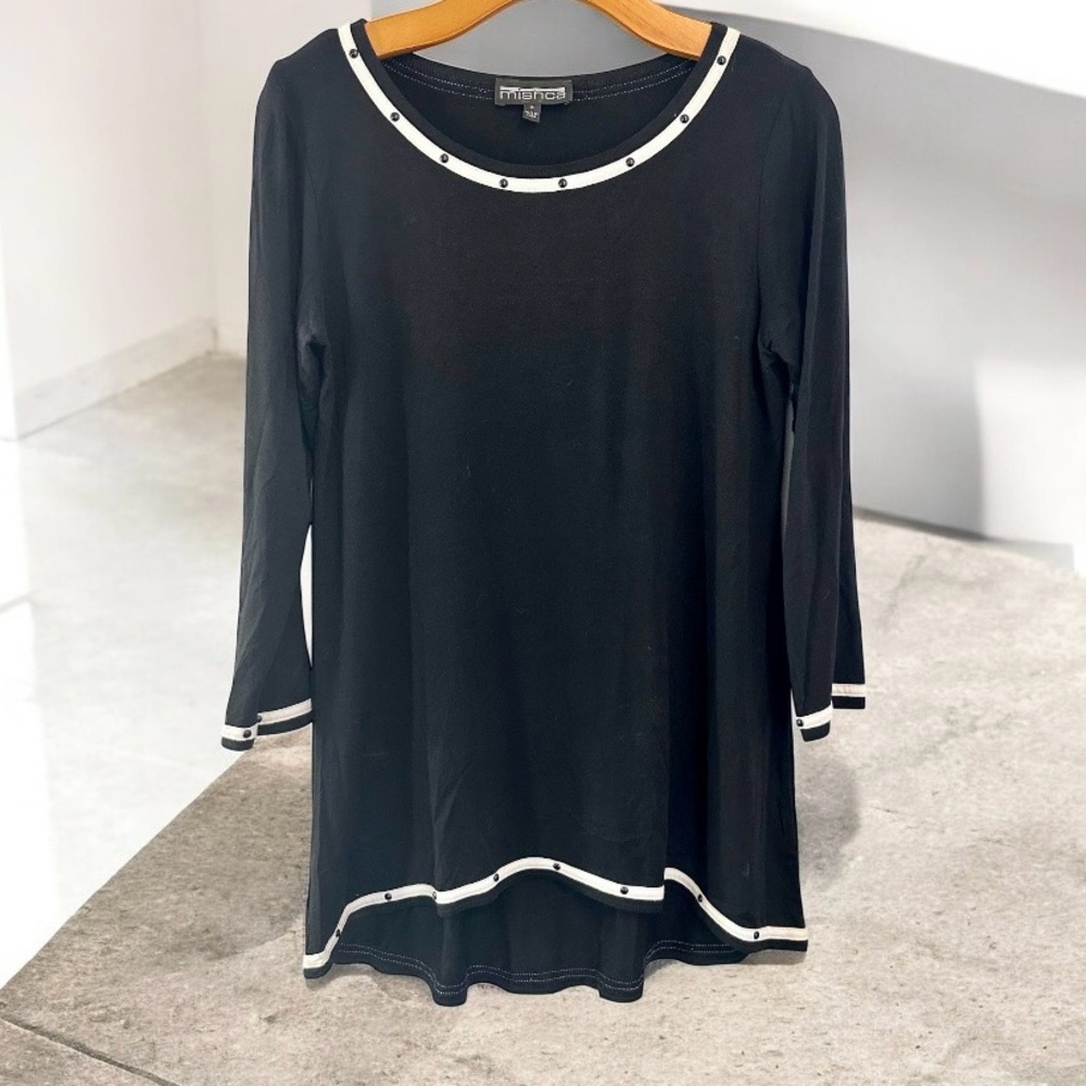 Mishca Black 3/4 Sleeve Top White Studded Trim Size Small